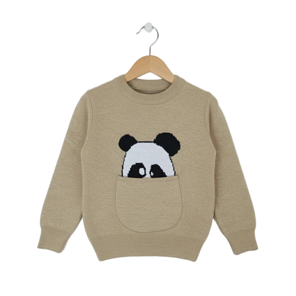 Beige sweater with panda design on a hanger against a white background