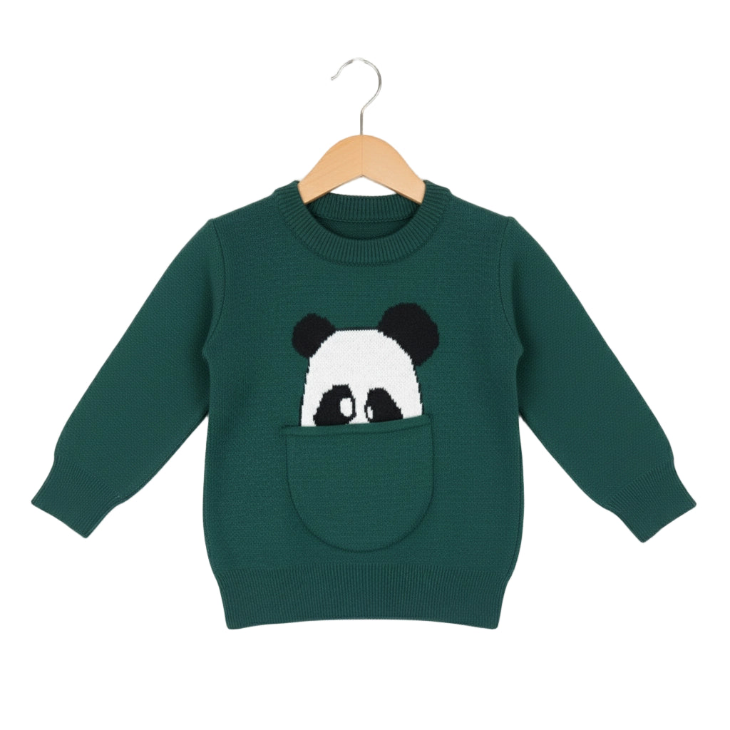 Green sweater with panda design on a hanger against a white background