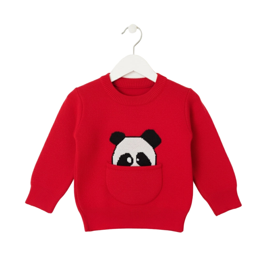 Red sweater with a panda design on a white background