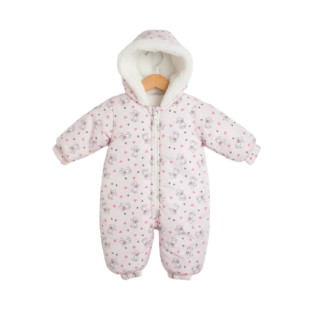 Baby snowsuit with floral pattern on a light gray background