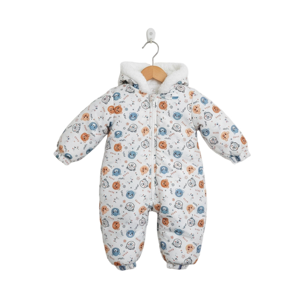 Baby snowsuit with colorful pattern on a hanger against a white background