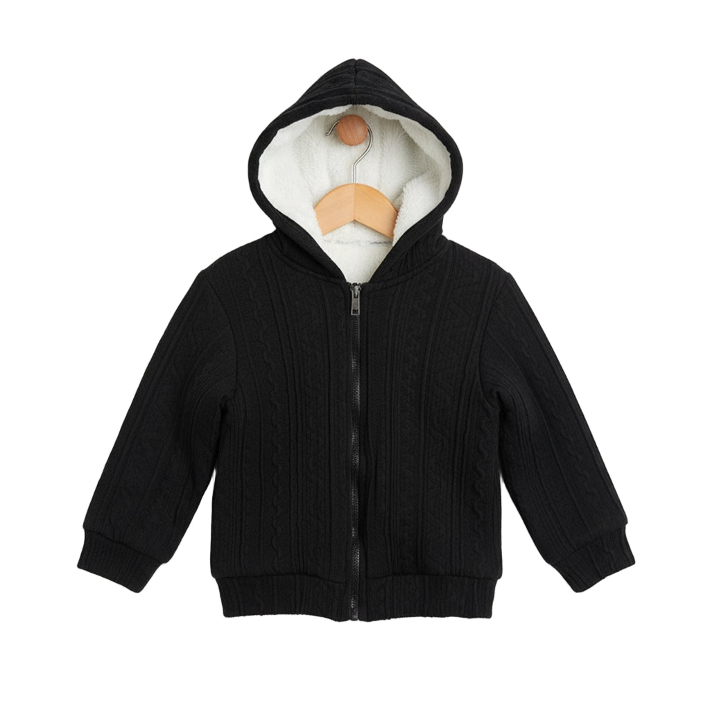 Black children's hoodie with a white interior on a light gray background
