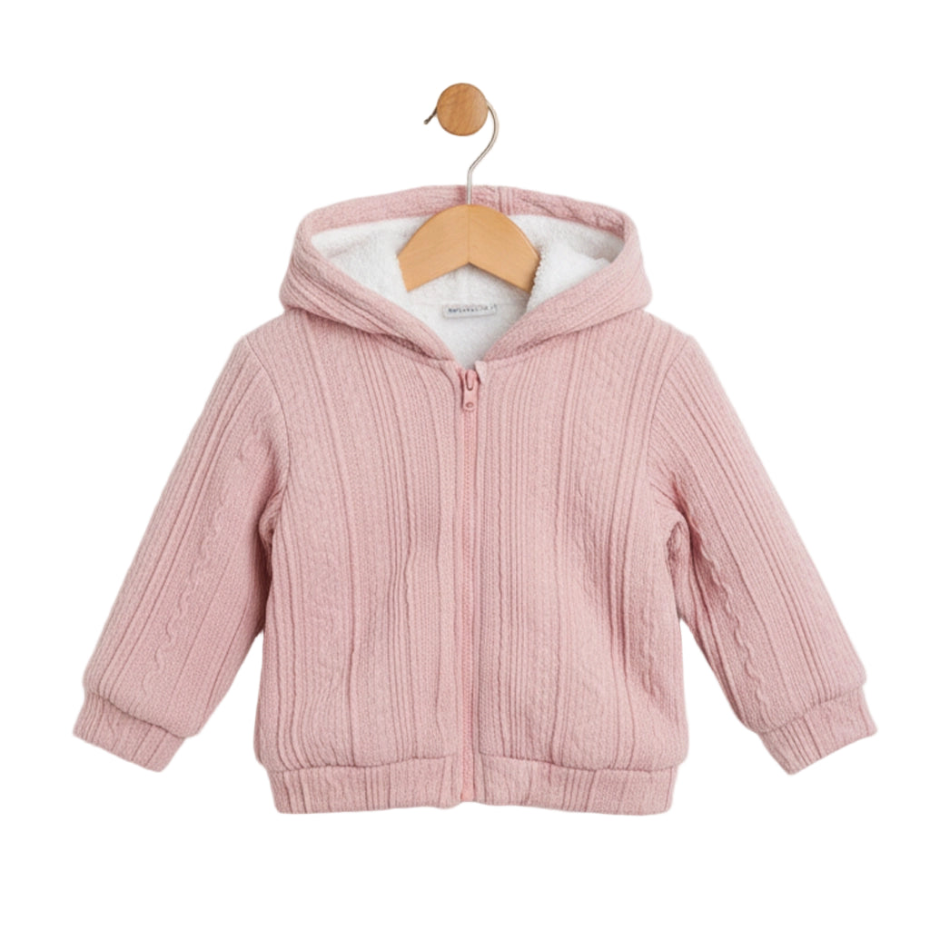 Pink baby jacket with a hood on a wooden hanger against a white background