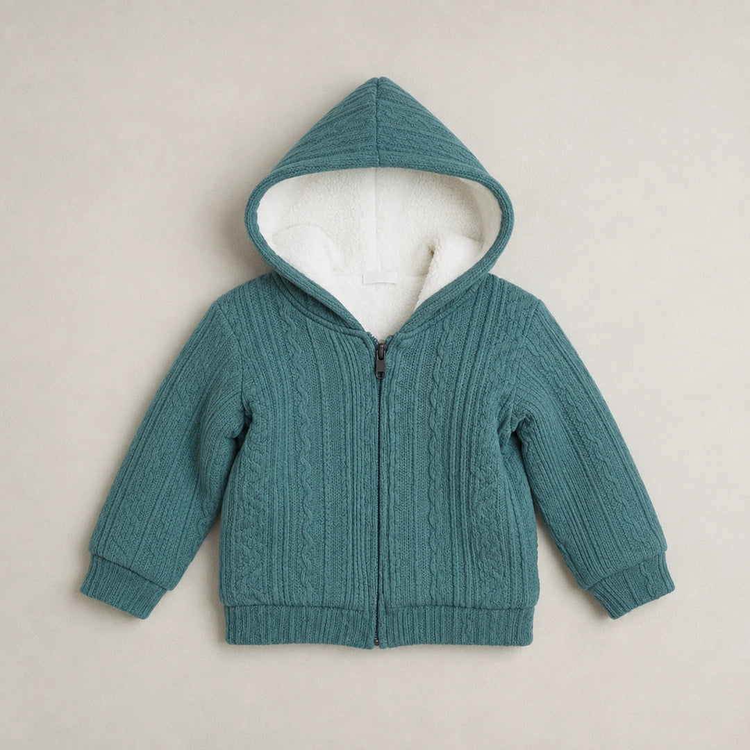 Teal children's hoodie on a wooden hanger against a white background