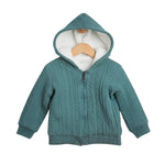 Teal children's hoodie on a wooden hanger against a white background