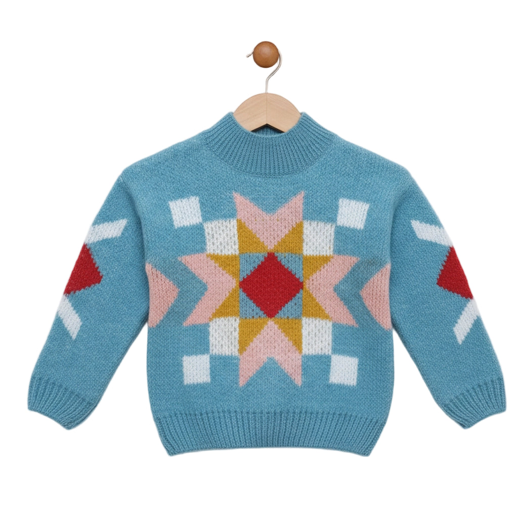 Blue knitted sweater with geometric pattern on a hanger against a light gray background