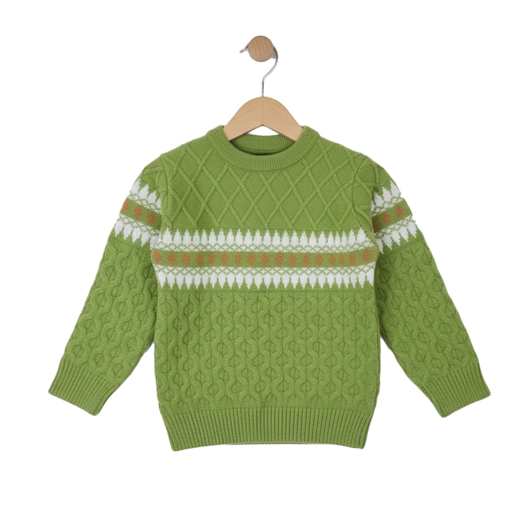 Green sweater with patterned design on a wooden hanger against a white background