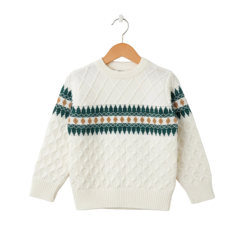 White sweater with green and brown pattern on a wooden hanger against a white background