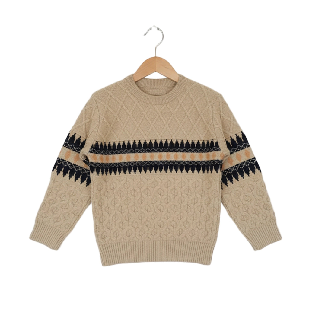 Beige sweater with black pattern on a hanger against a white background