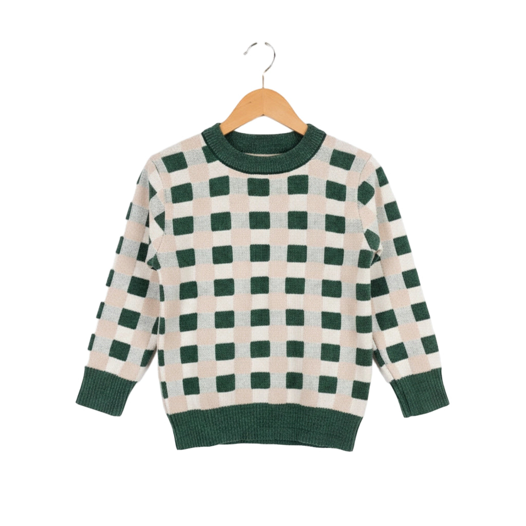 Green and beige checkered sweater on a wooden hanger against a white background