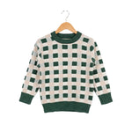 Green and beige checkered sweater on a wooden hanger against a white background