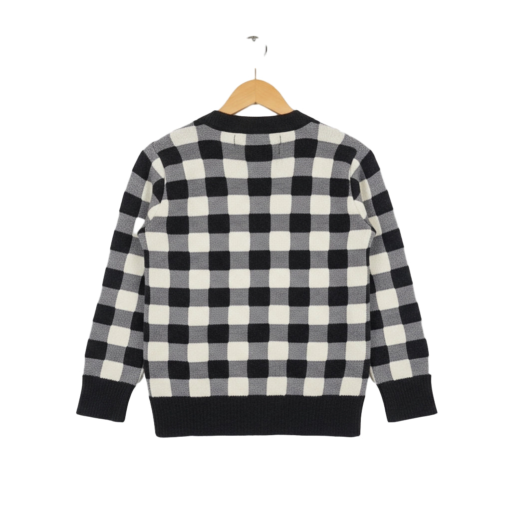 Black and white checkered sweater on a hanger against a white background