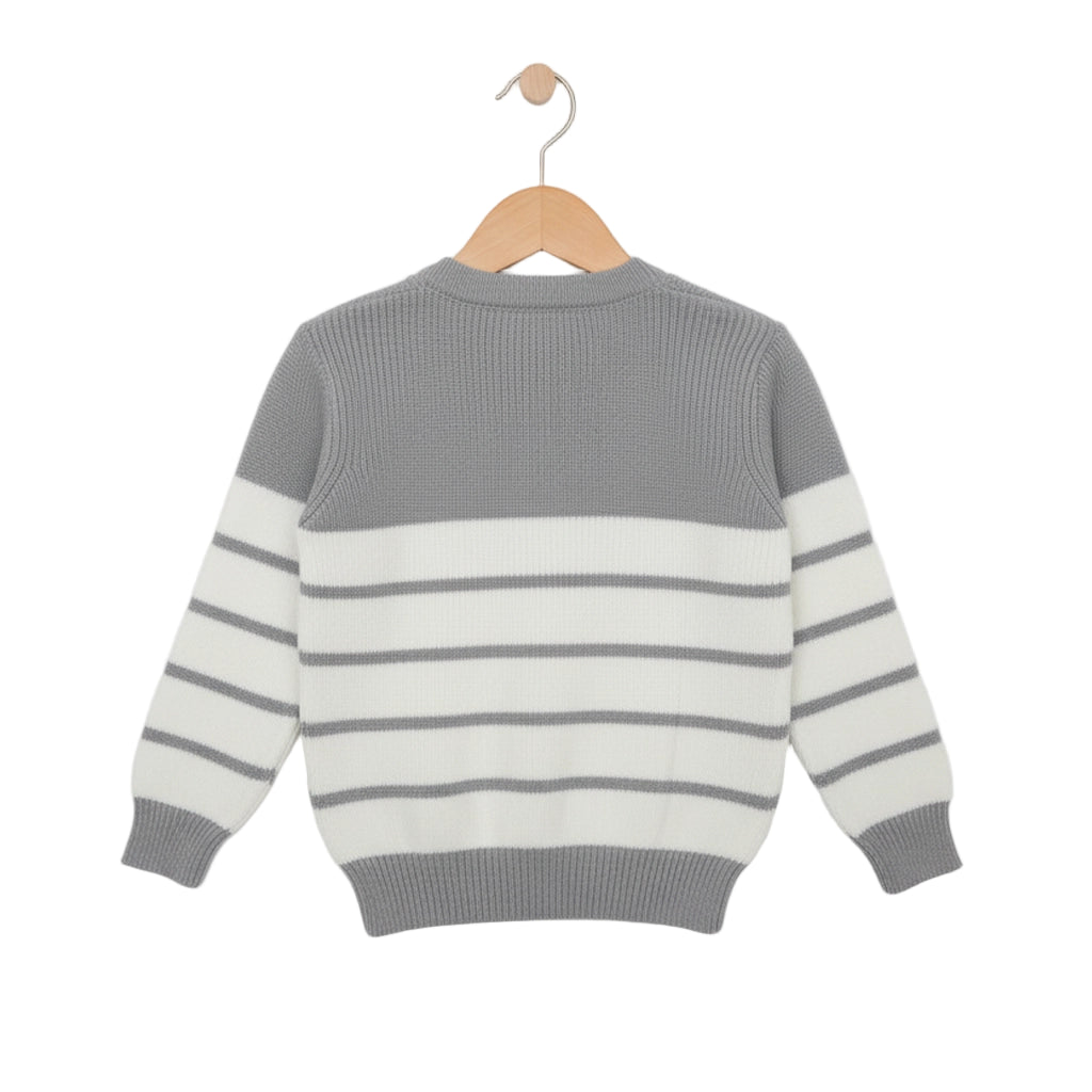 Gray and white striped sweater on a wooden hanger against a light gray background