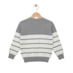 Gray and white striped sweater on a wooden hanger against a light gray background