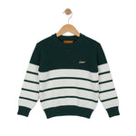 Striped sweater with green and white colors on a wooden hanger against a white background