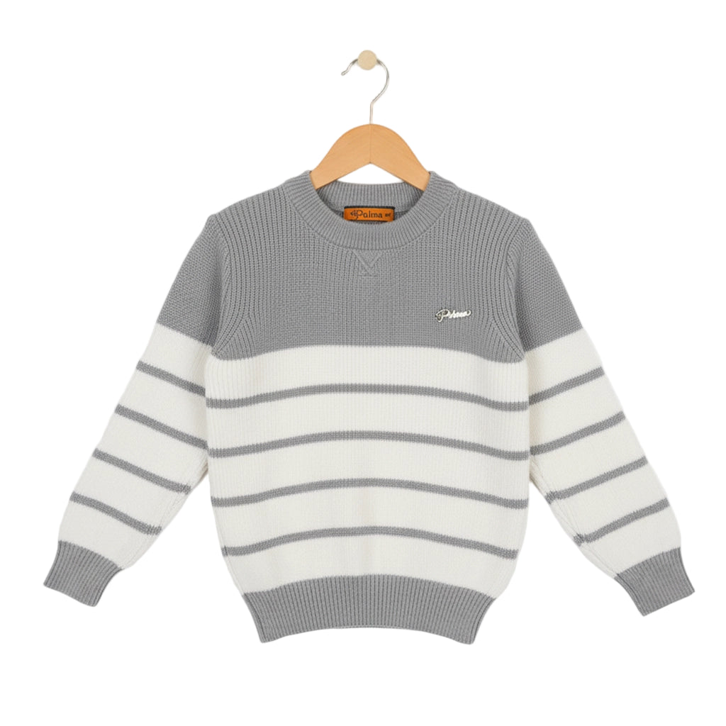 Gray and white striped sweater on a hanger against a white background
