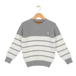 Gray and white striped sweater on a hanger against a white background