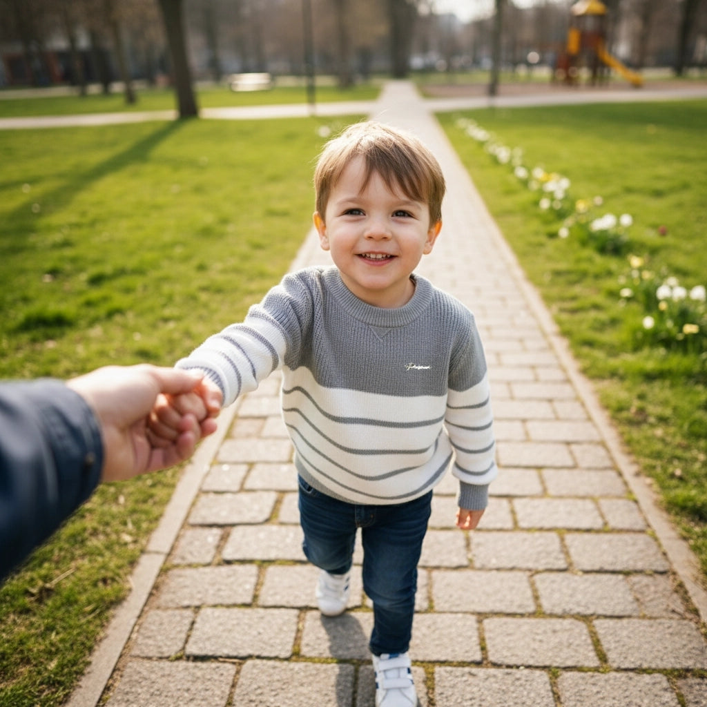 Child walking on a path in a park holding an adult's hand