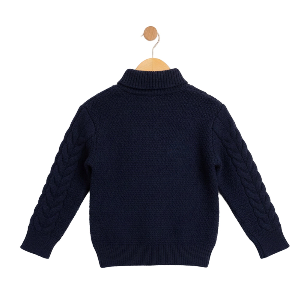 Navy blue sweater on a wooden hanger against a light gray background