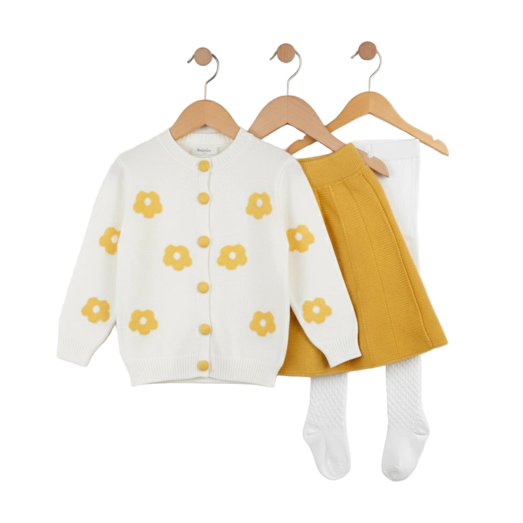 Children's outfit with white cardigan with yellow floral patterns and mustard skirt on hangers against a white background.