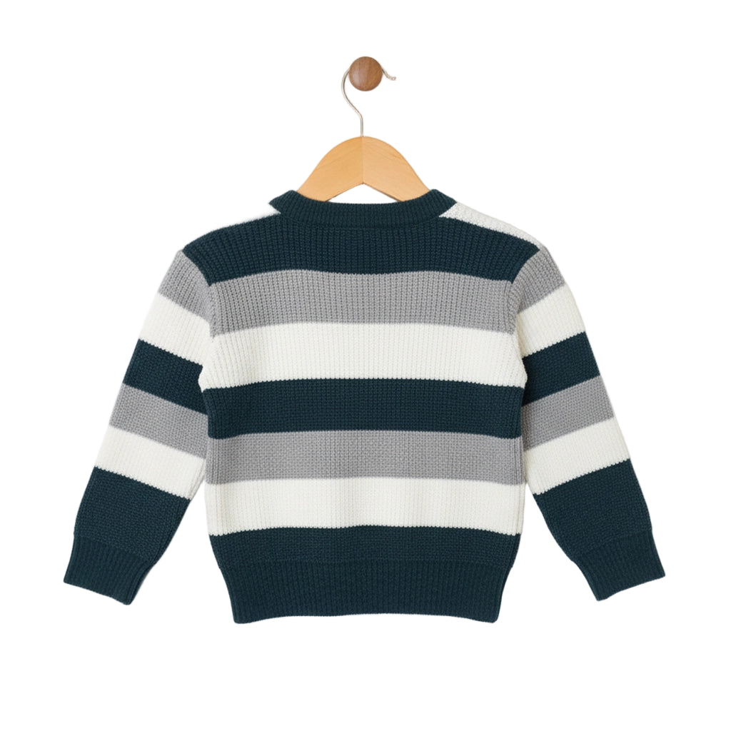 Striped sweater on a wooden hanger against a white background