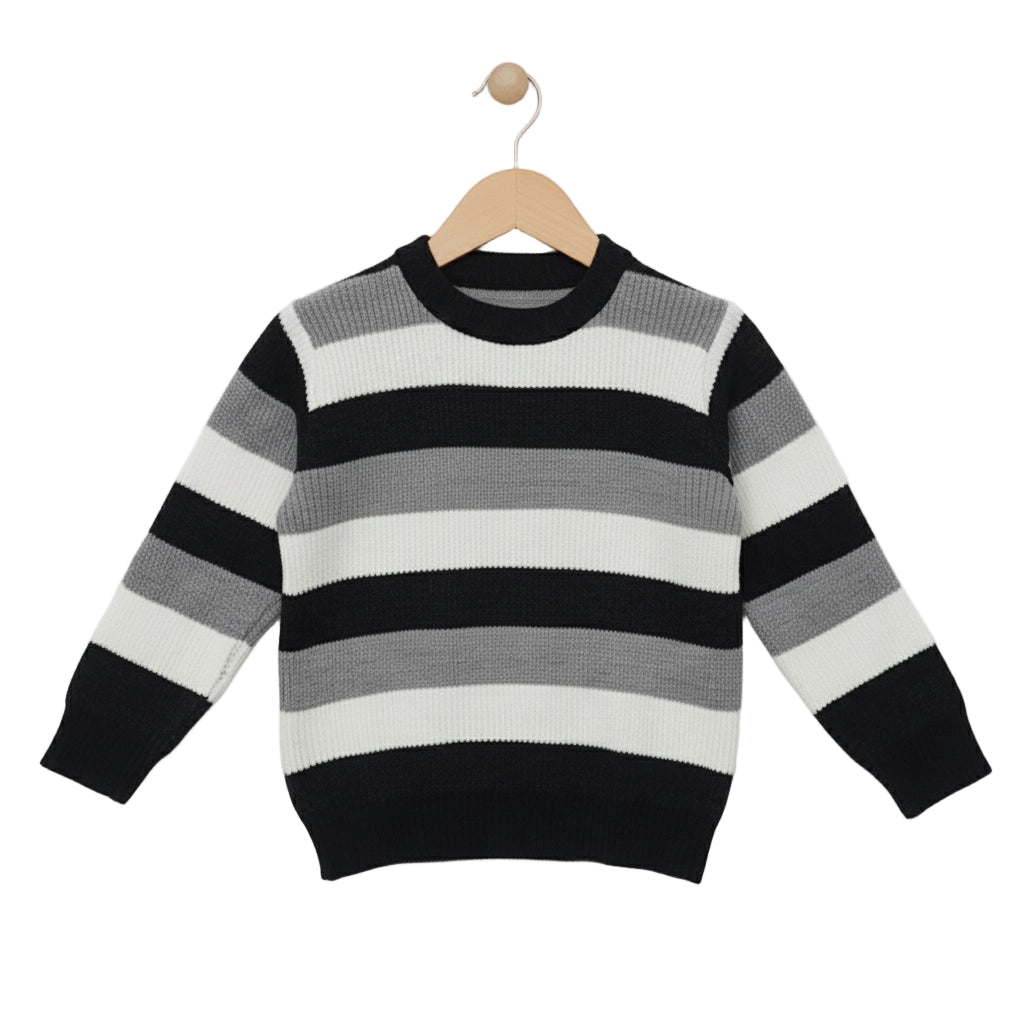 Striped sweater with black, gray, and white colors on a hanger against a light background