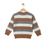 Striped sweater with brown, gray, and white colors on a hanger against a white background