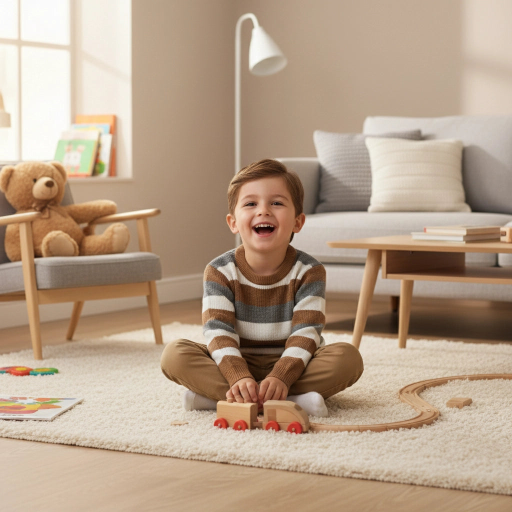 Child sitting on a rug in a living room with toys