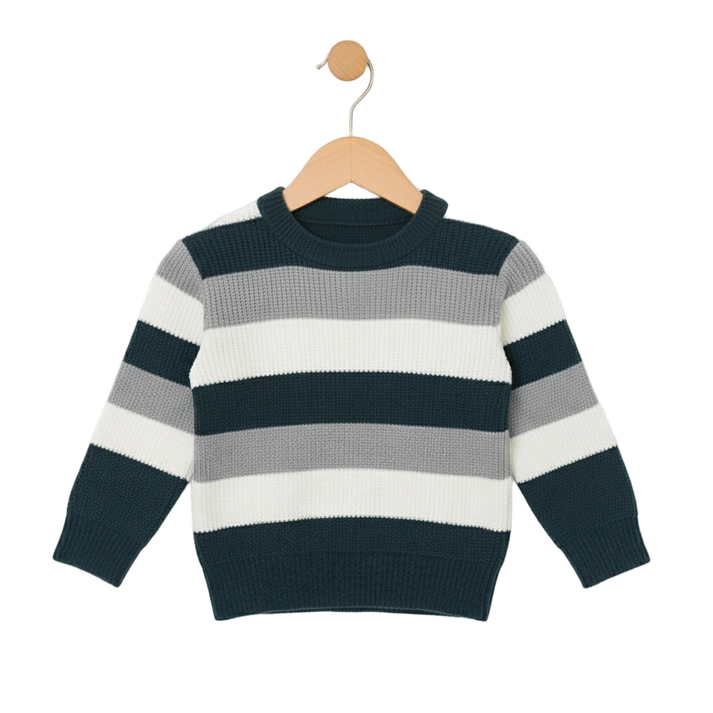 Striped sweater with navy, gray, and white colors on a wooden hanger against a white background