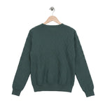 Green sweater on a wooden hanger against a white background