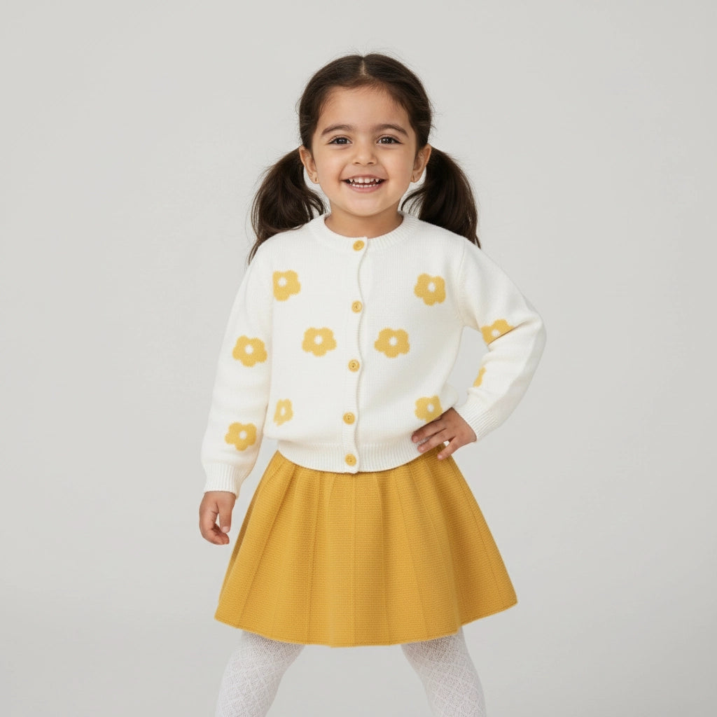 Sunny Daisy 3-Piece Set – Cardigan, Skirt & Tights | Ages 2Y-6Y