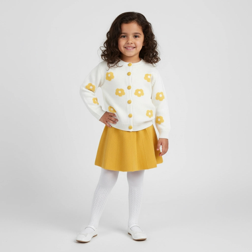 Sunny Daisy 3-Piece Set – Cardigan, Skirt & Tights | Ages 2Y-6Y