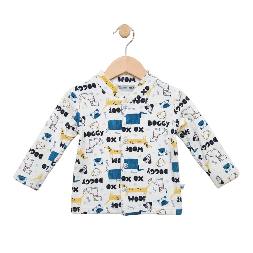 Children's long-sleeve shirt with dog pattern on a hanger against a white background