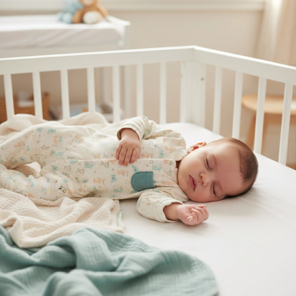 Baby sleeping in a crib with a soft blanket