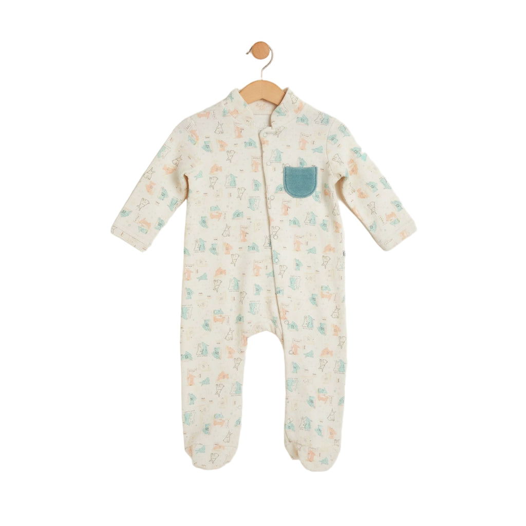 Baby onesie with a pattern on a hanger against a white background