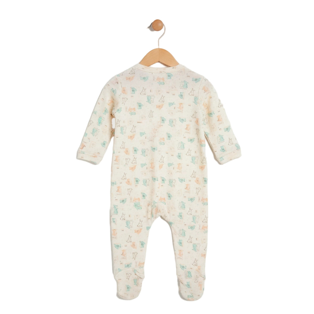 Baby onesie with a floral pattern on a hanger against a white background