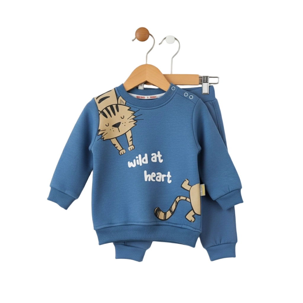 Blue children's sweatshirt with cat design and text on a hanger against a white background