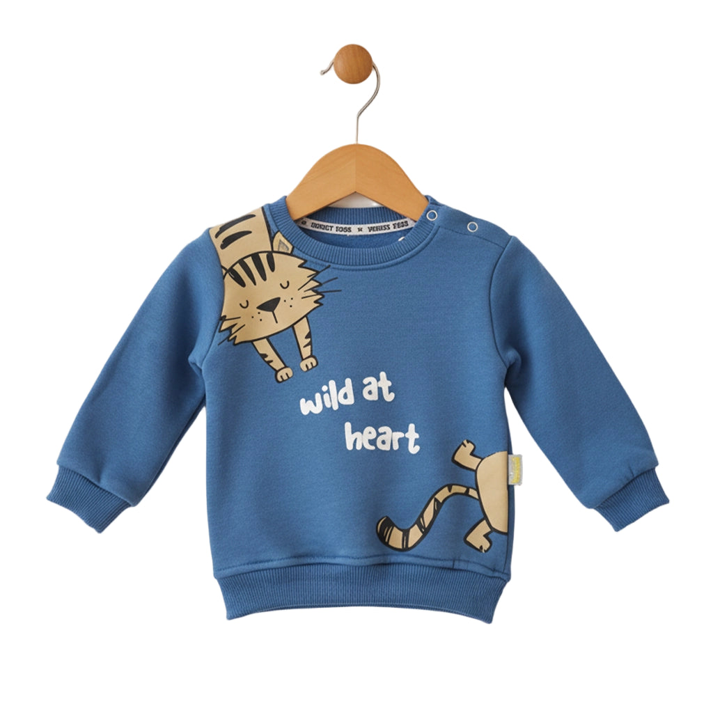 Blue children's sweatshirt with a cat design and 'wild at heart' text on a hanger against a white background