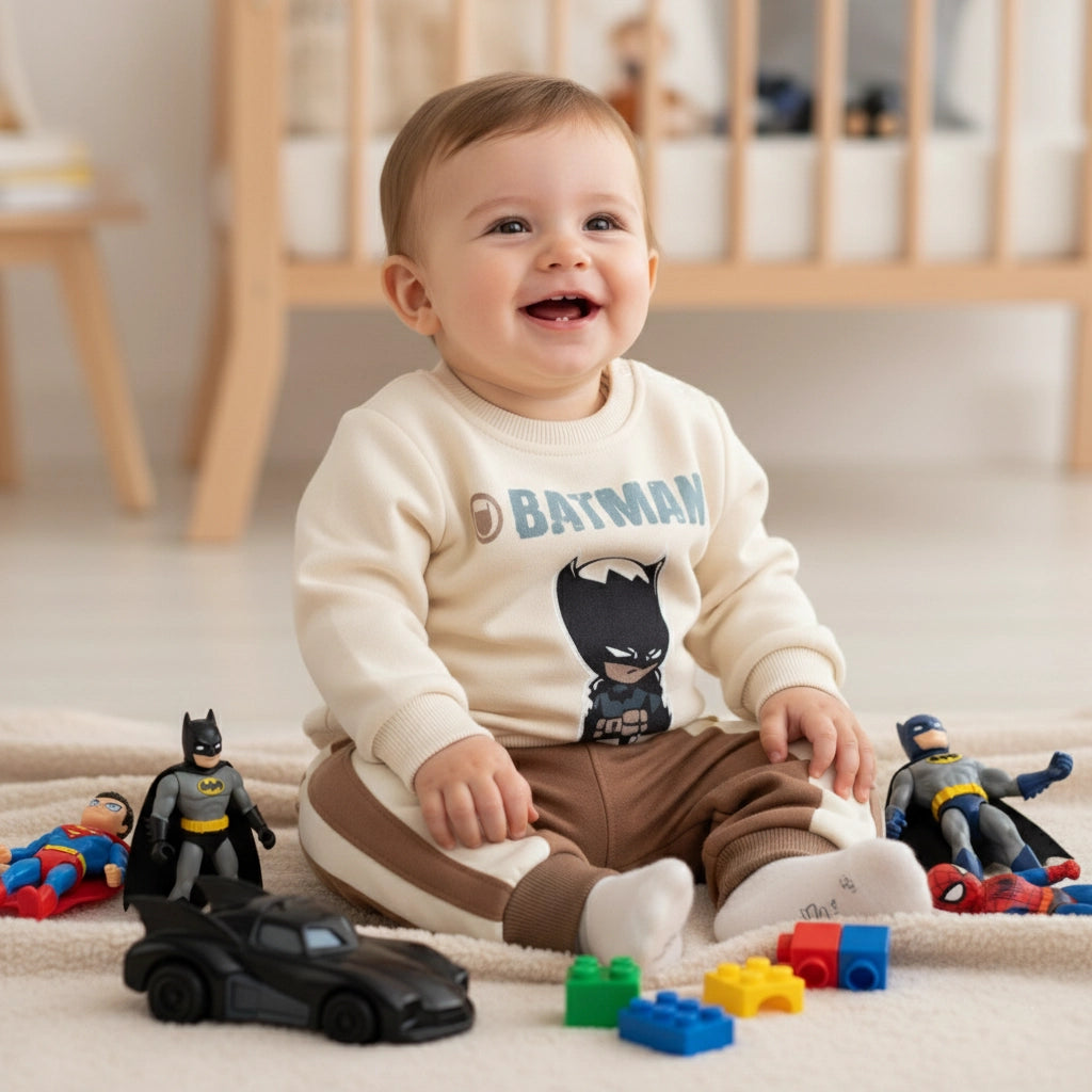 Child wearing a Batman-themed sweatshirt surrounded by toys in a room.