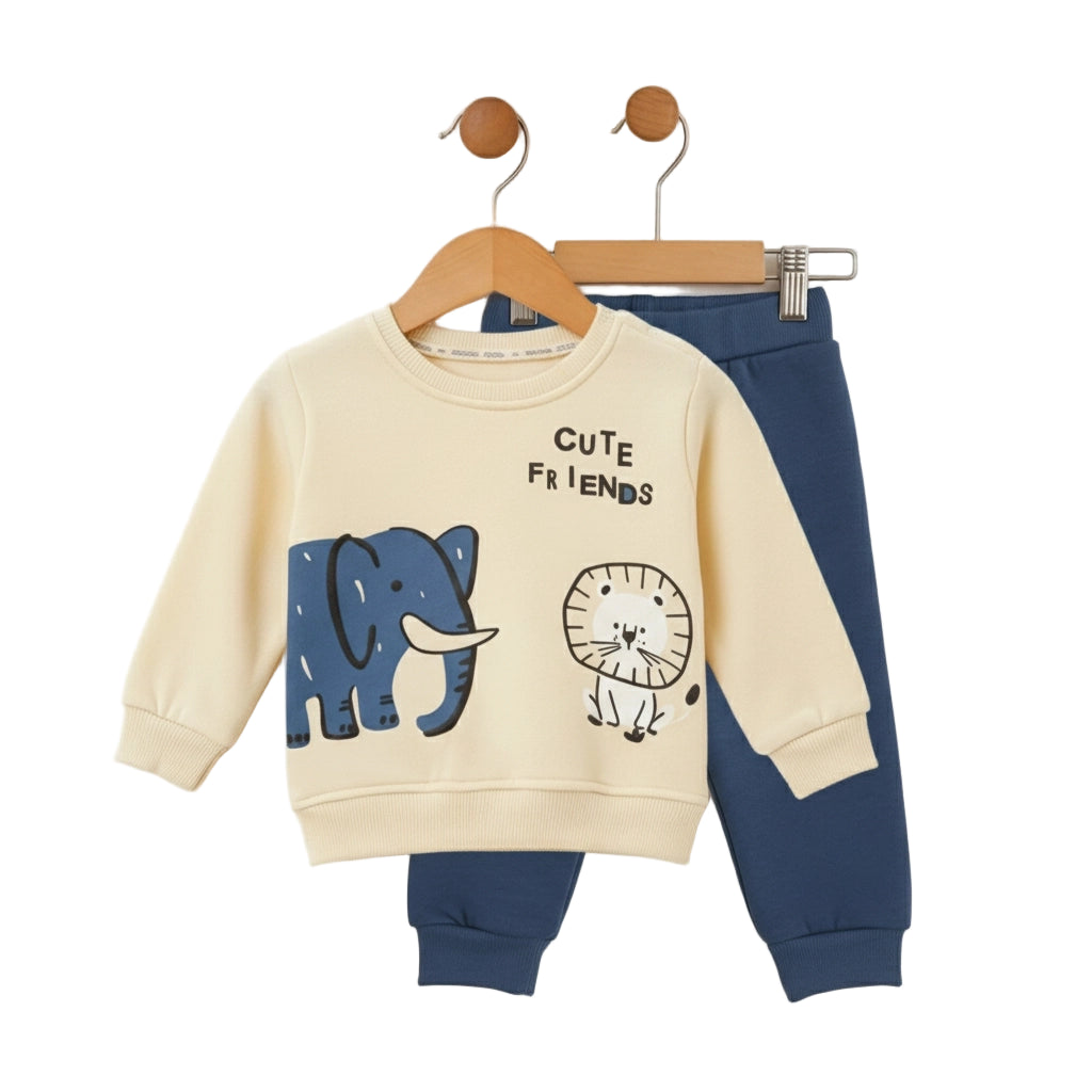 Children's outfit with beige sweatshirt and navy pants featuring animal illustrations on a white background.
