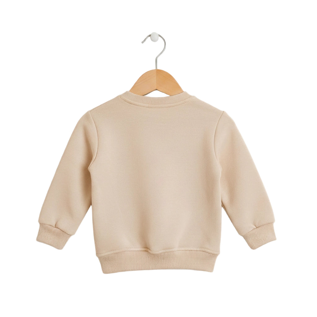 Beige sweatshirt on a wooden hanger against a light gray background