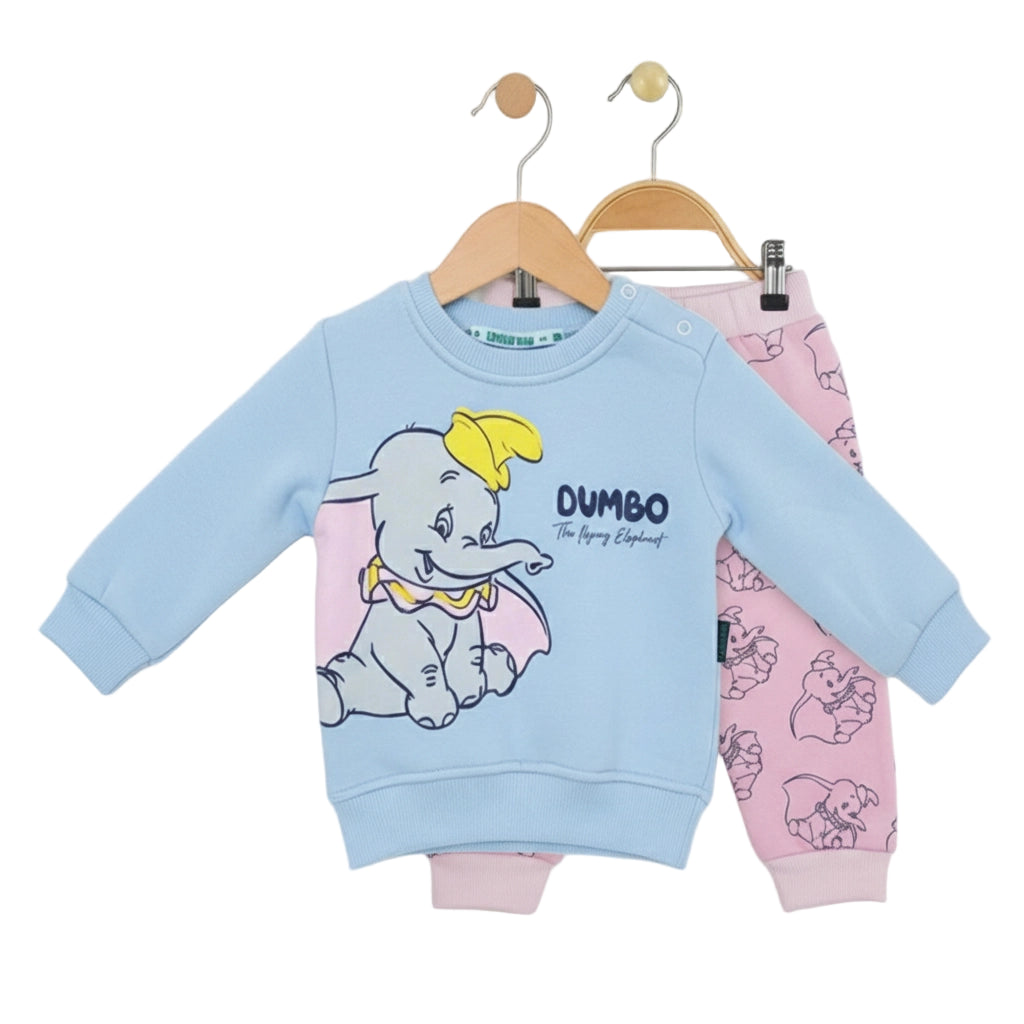 Children's outfit with Dumbo design on a light blue sweatshirt and pink pants, hanging on wooden hangers against a white background.