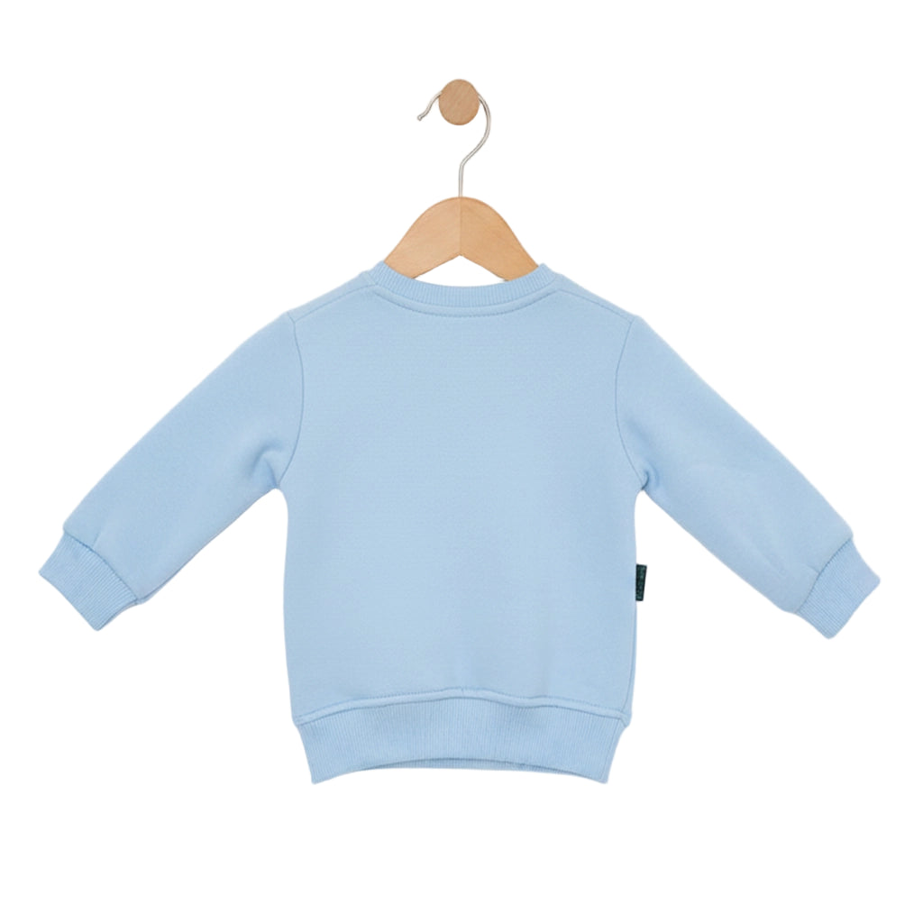 Light blue children's sweatshirt on a wooden hanger against a white background