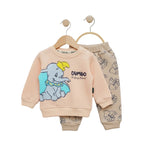 Children's Dumbo-themed outfit with sweatshirt and pants on hangers against a white background