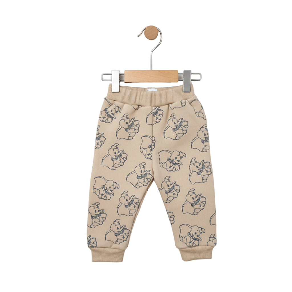 Beige baby pants with bear pattern on a hanger against a white background