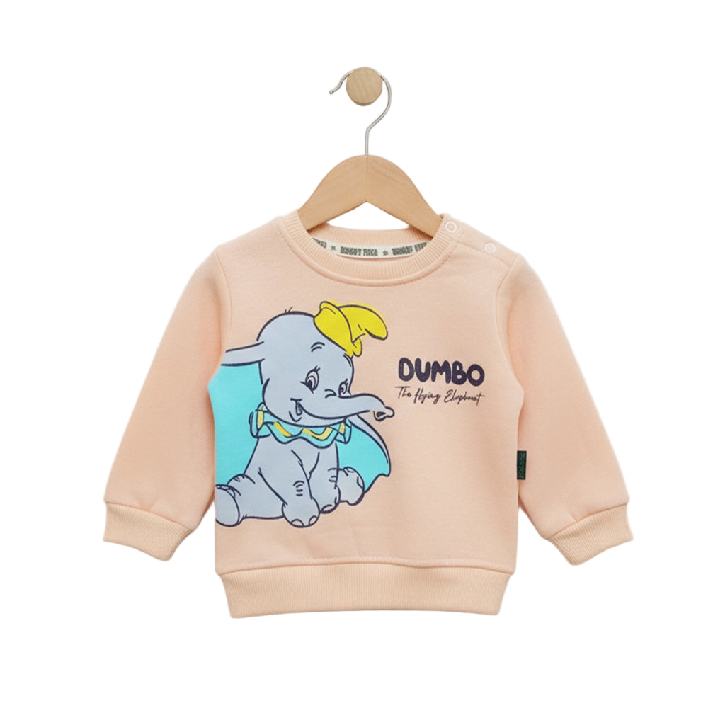 Children's sweatshirt with Dumbo the Elephant design on a hanger against a white background