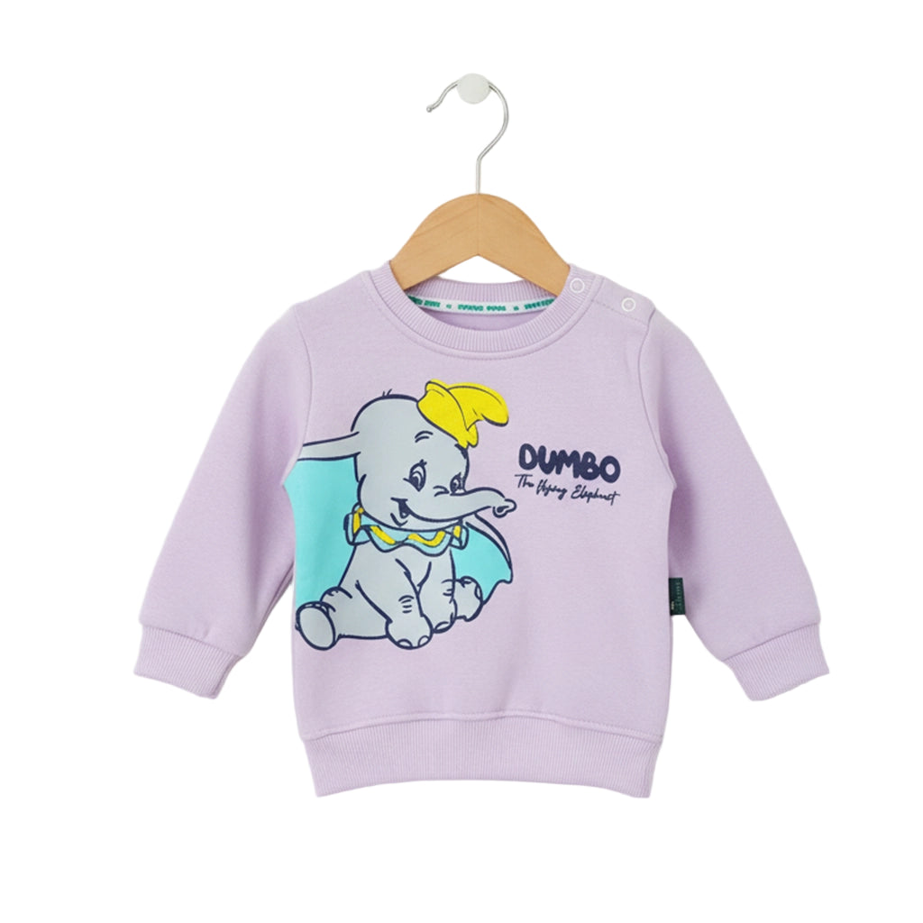 Lavender sweatshirt with Dumbo the Elephant design on a hanger against a white background