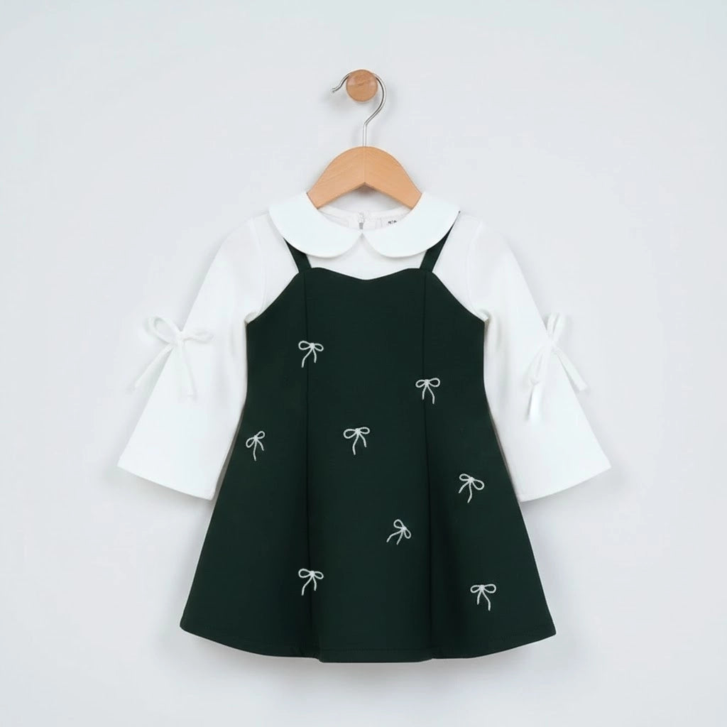 Evergreen Bow Woolen Dress | Ages 3M–36M