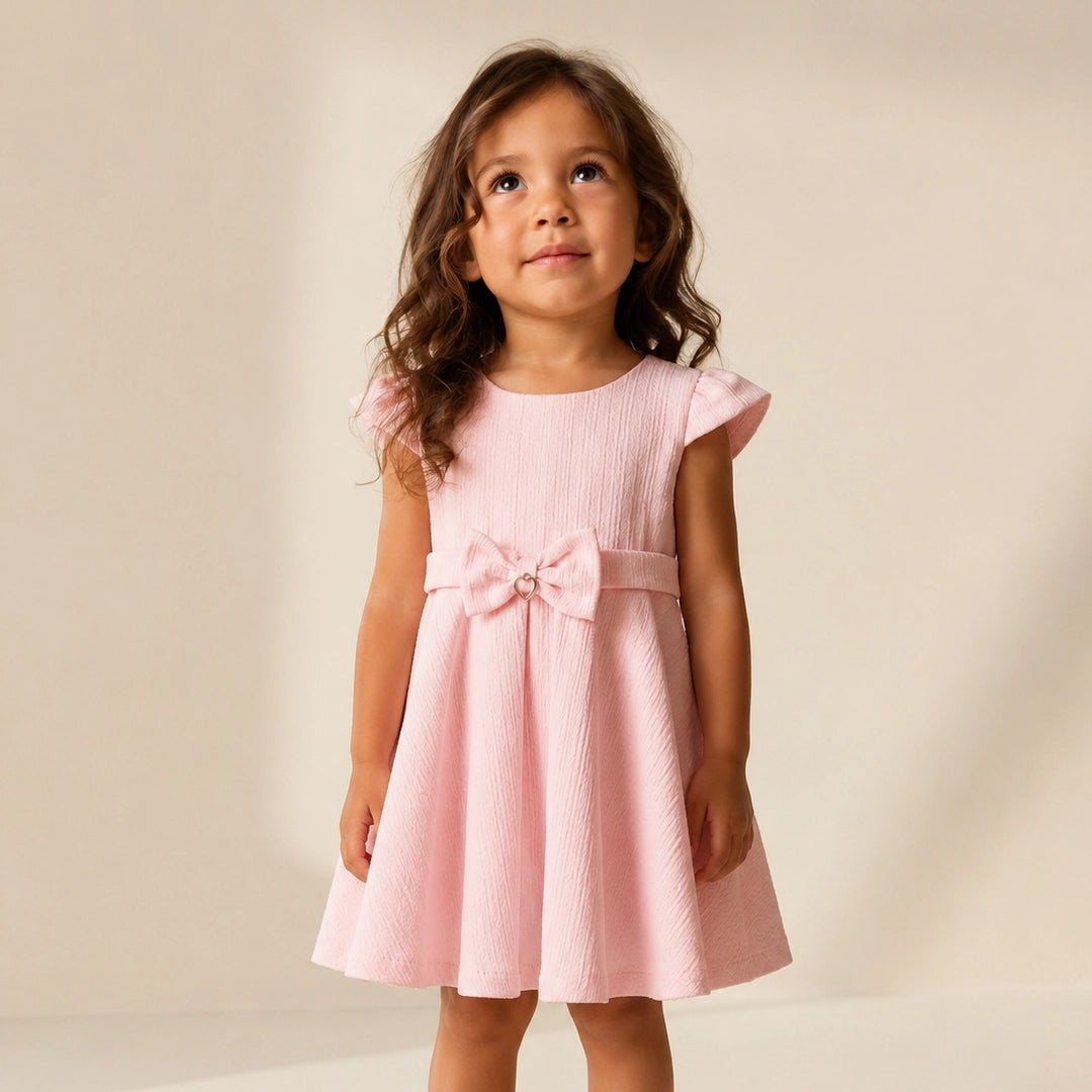 Young girl wearing a pink dress with a bow on a neutral background