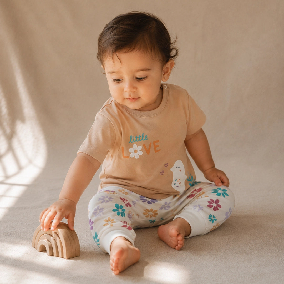 Baby sitting down playing with a wooden toy